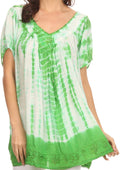 Sakkas Bee  Embroidered V-Neck Blouse Shirt Top With Tie Dye Floral Embroidery #color_ Green