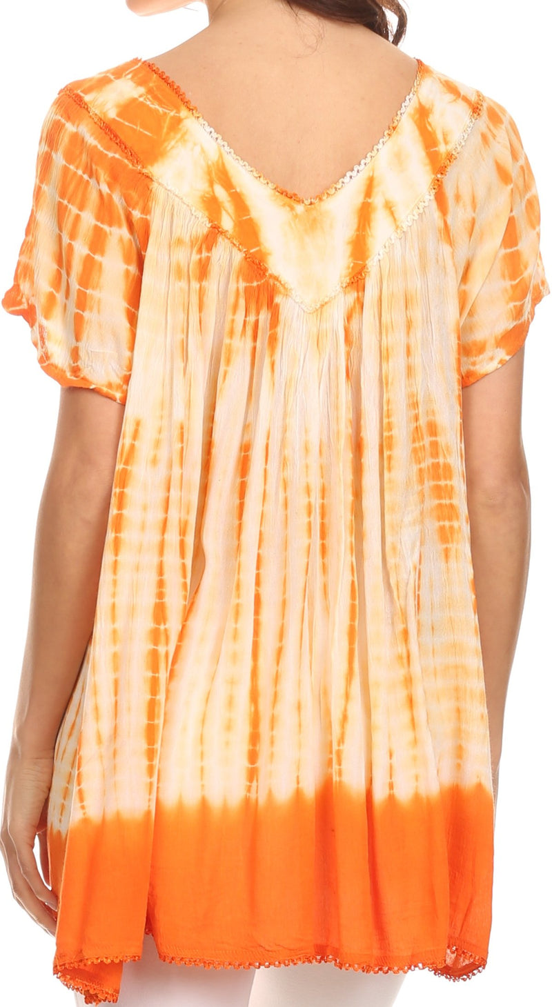 Sakkas Bee  Embroidered V-Neck Blouse Shirt Top With Tie Dye Floral Embroidery