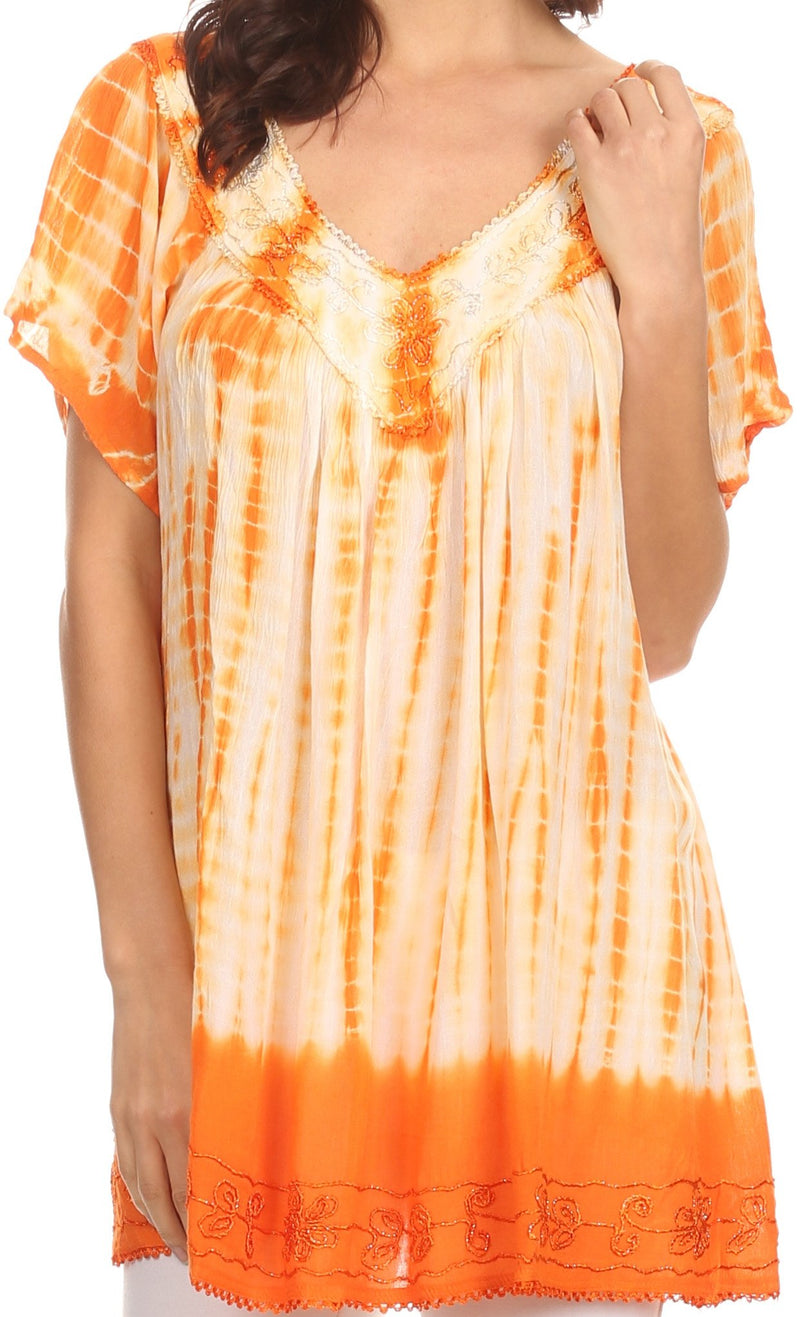 Sakkas Bee  Embroidered V-Neck Blouse Shirt Top With Tie Dye Floral Embroidery