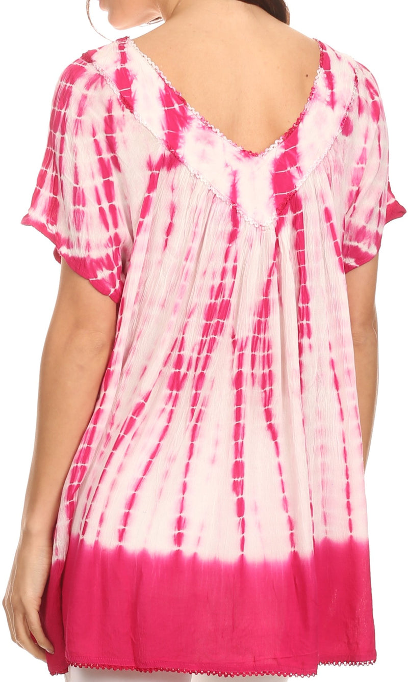 Sakkas Bee  Embroidered V-Neck Blouse Shirt Top With Tie Dye Floral Embroidery