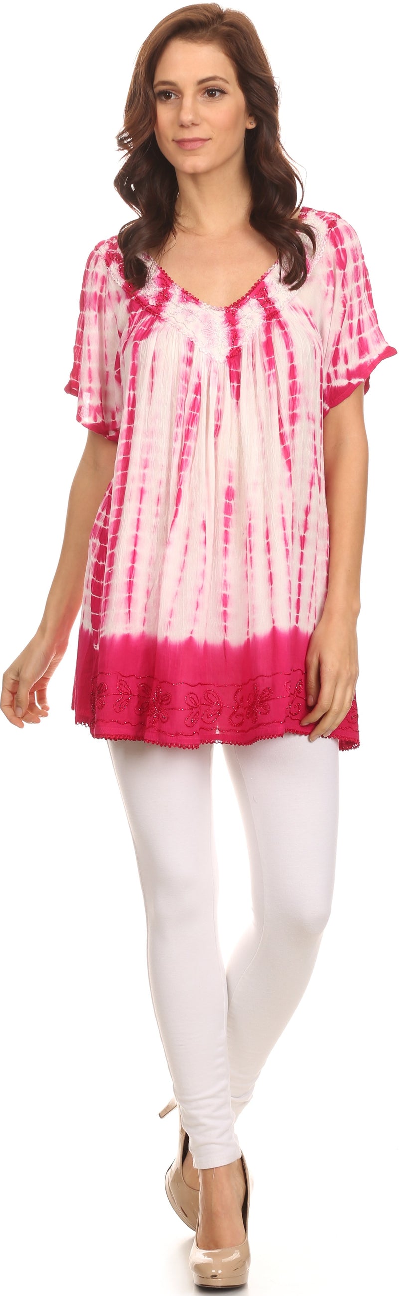 Sakkas Bee  Embroidered V-Neck Blouse Shirt Top With Tie Dye Floral Embroidery