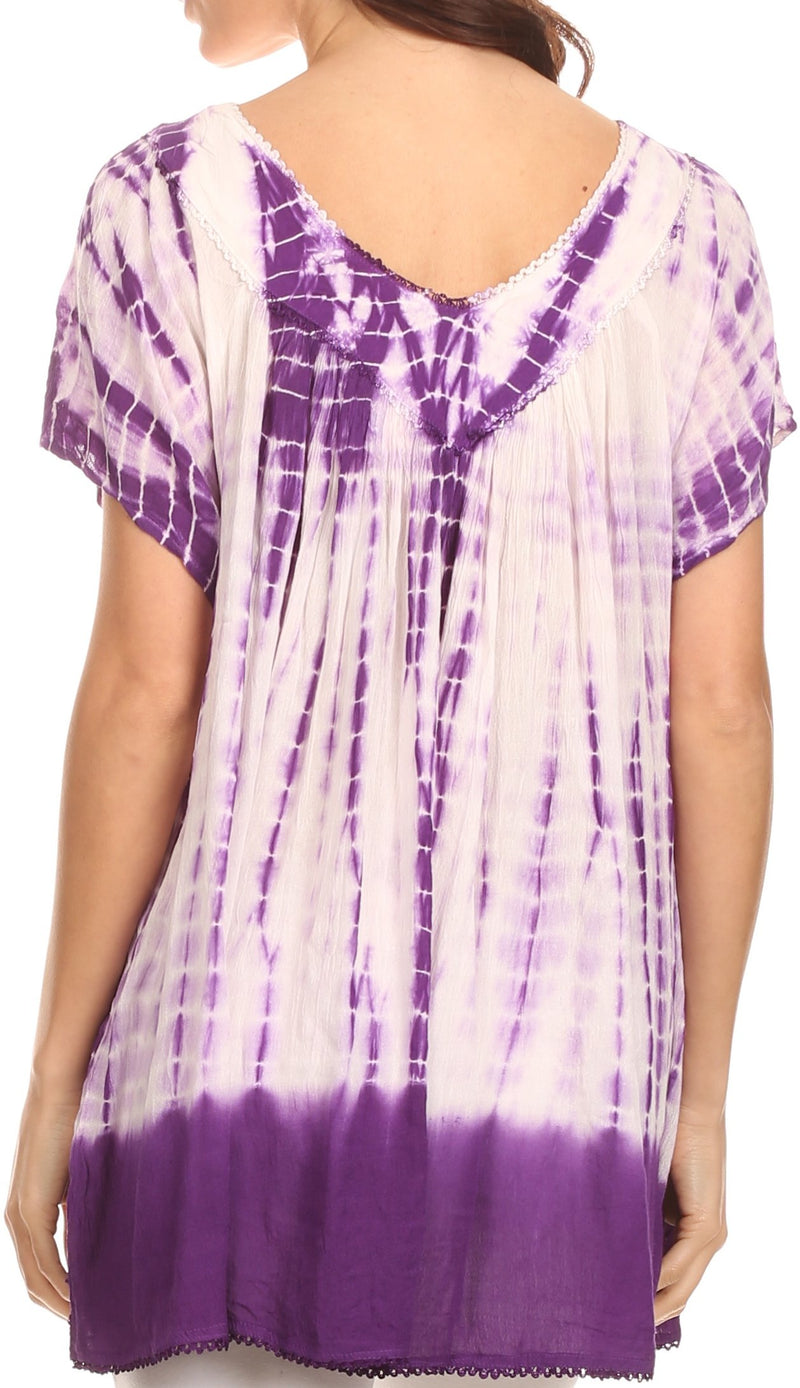 Sakkas Bee  Embroidered V-Neck Blouse Shirt Top With Tie Dye Floral Embroidery