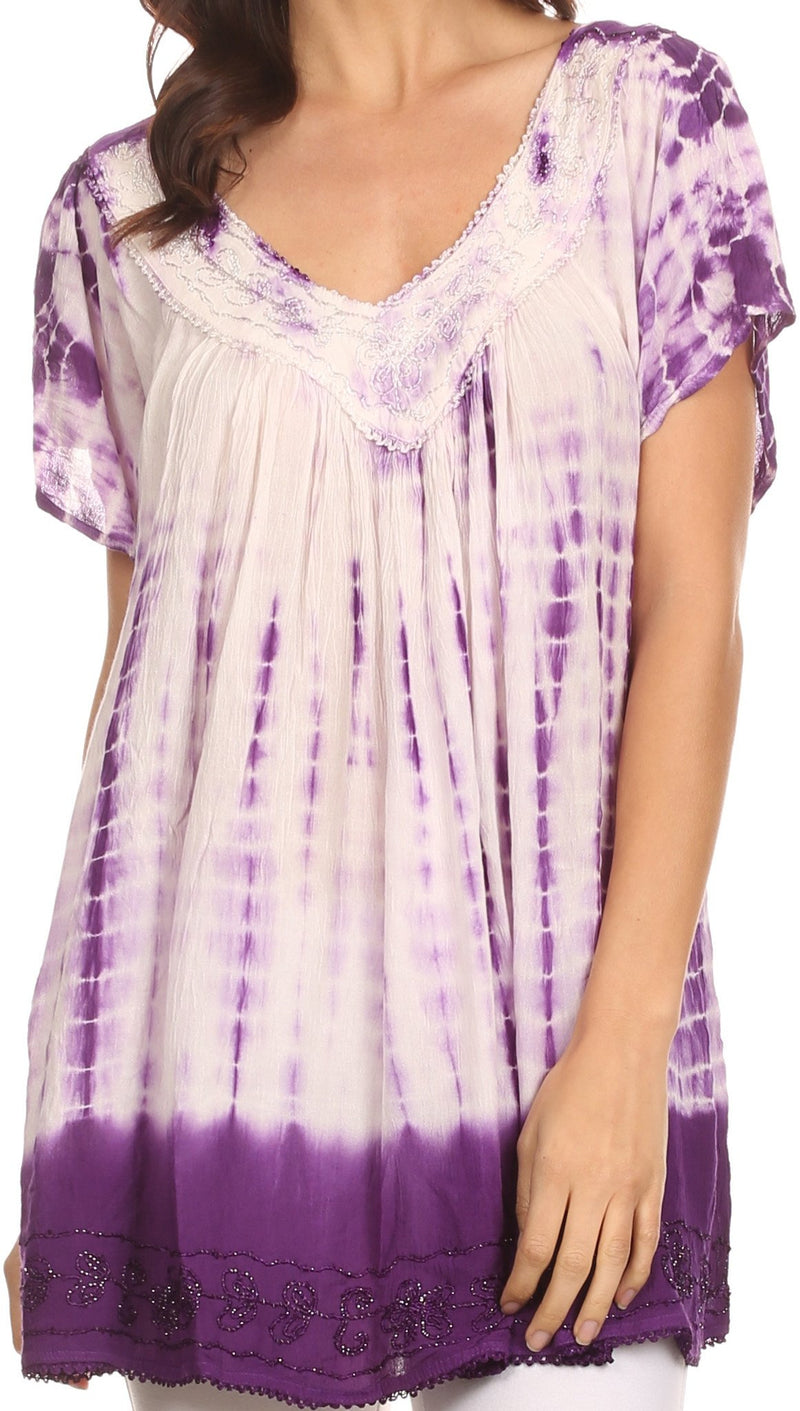 Sakkas Bee  Embroidered V-Neck Blouse Shirt Top With Tie Dye Floral Embroidery