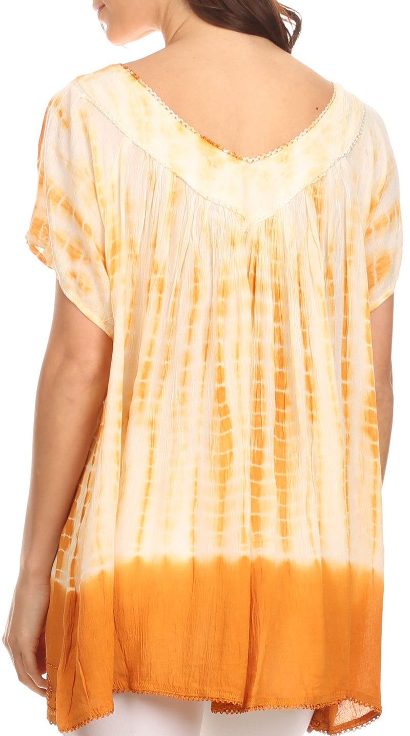 Sakkas Bee  Embroidered V-Neck Blouse Shirt Top With Tie Dye Floral Embroidery