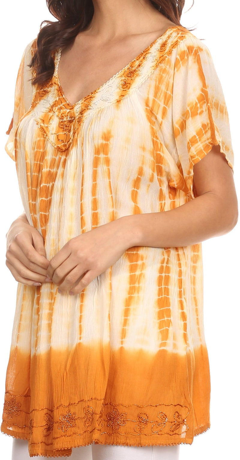 Sakkas Bee  Embroidered V-Neck Blouse Shirt Top With Tie Dye Floral Embroidery