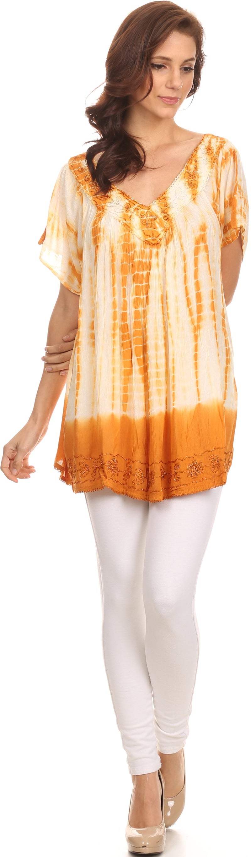 Sakkas Bee  Embroidered V-Neck Blouse Shirt Top With Tie Dye Floral Embroidery
