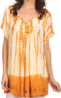 Sakkas Bee  Embroidered V-Neck Blouse Shirt Top With Tie Dye Floral Embroidery #color_ Rust