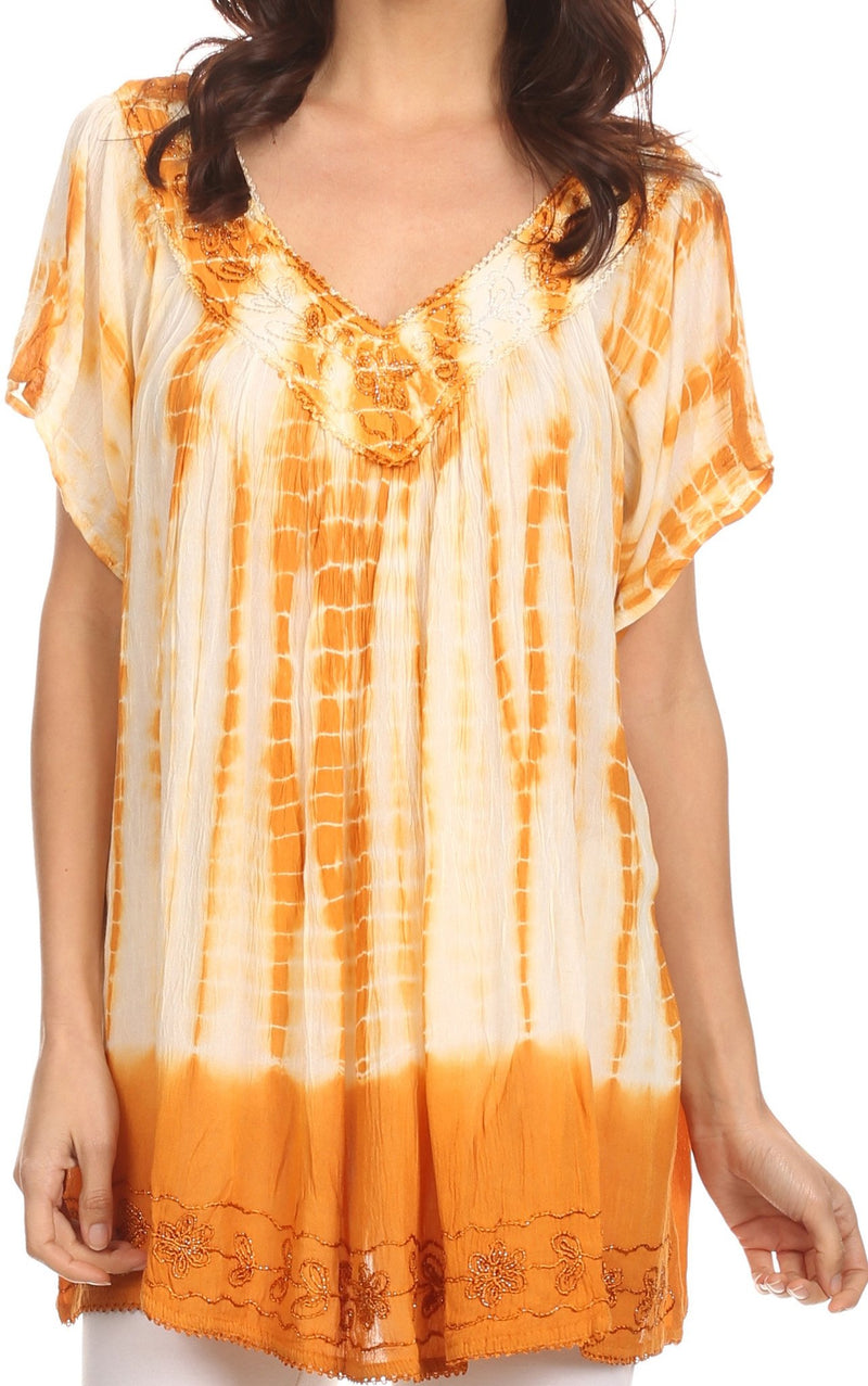 Sakkas Bee  Embroidered V-Neck Blouse Shirt Top With Tie Dye Floral Embroidery
