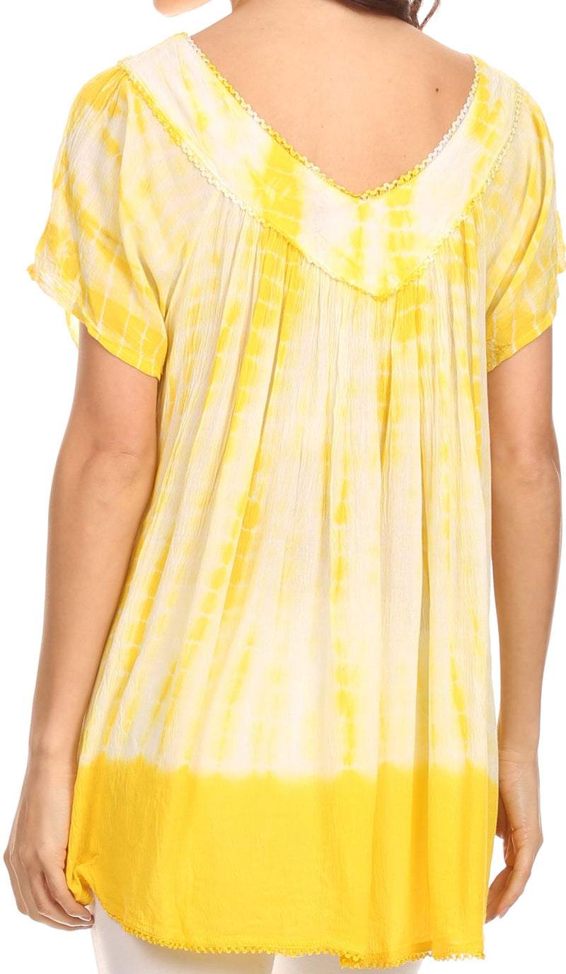 Sakkas Bee  Embroidered V-Neck Blouse Shirt Top With Tie Dye Floral Embroidery