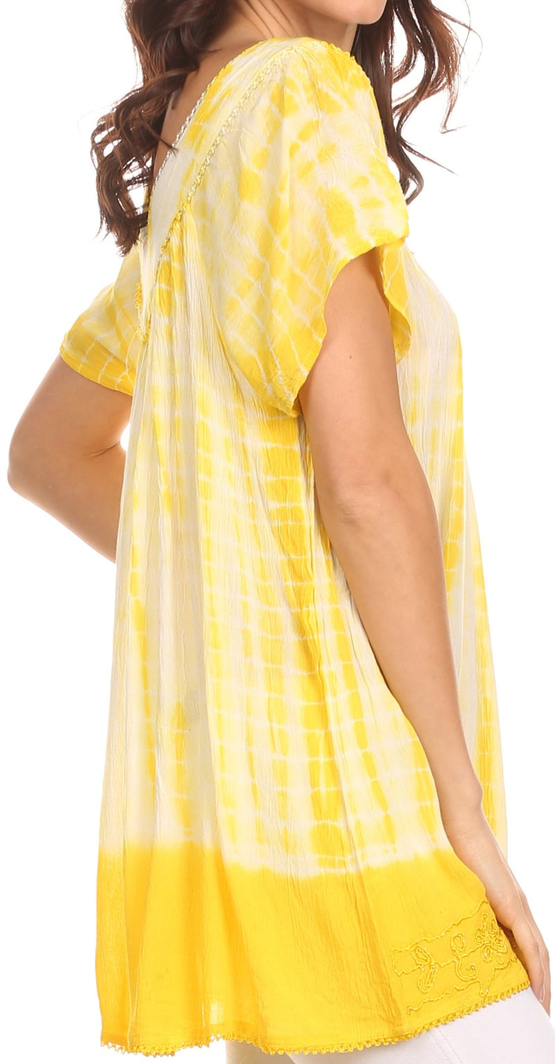 Sakkas Bee  Embroidered V-Neck Blouse Shirt Top With Tie Dye Floral Embroidery