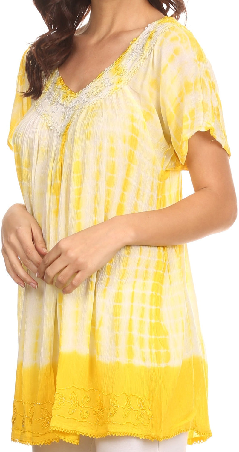 Sakkas Bee  Embroidered V-Neck Blouse Shirt Top With Tie Dye Floral Embroidery