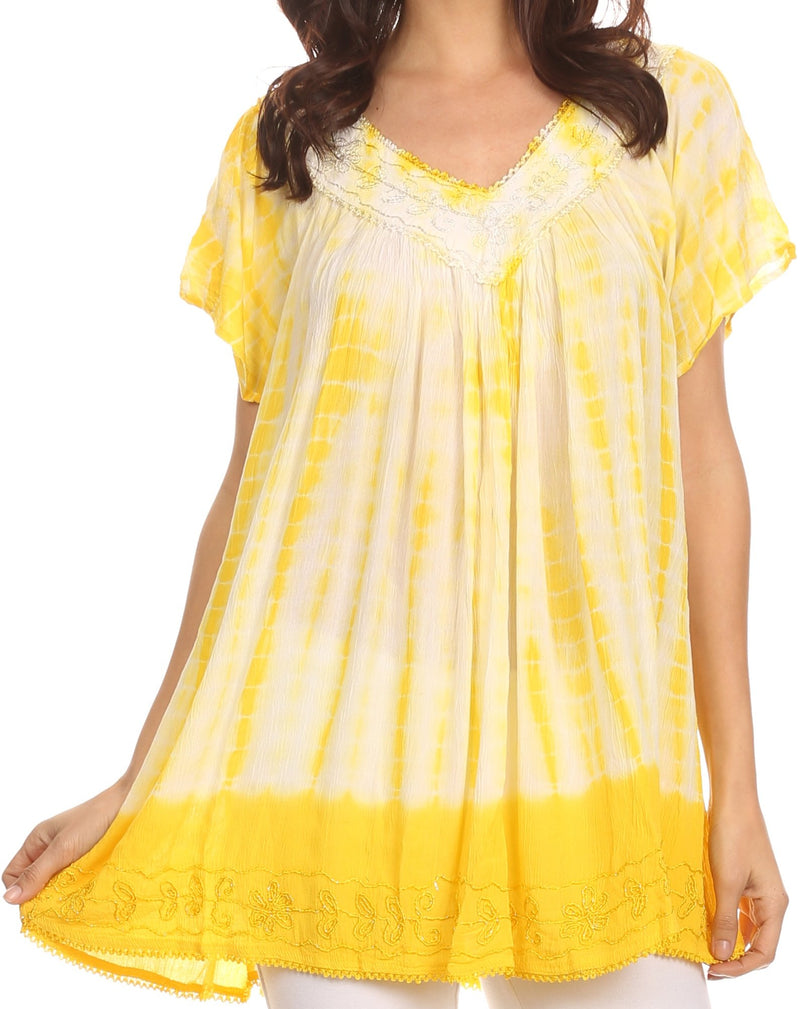Sakkas Bee  Embroidered V-Neck Blouse Shirt Top With Tie Dye Floral Embroidery