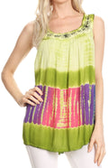Sakkas Aunalee Embroidered Three Color Tie Dye Bohemian Semi-Opaque Blouse Shirt#color_Green
