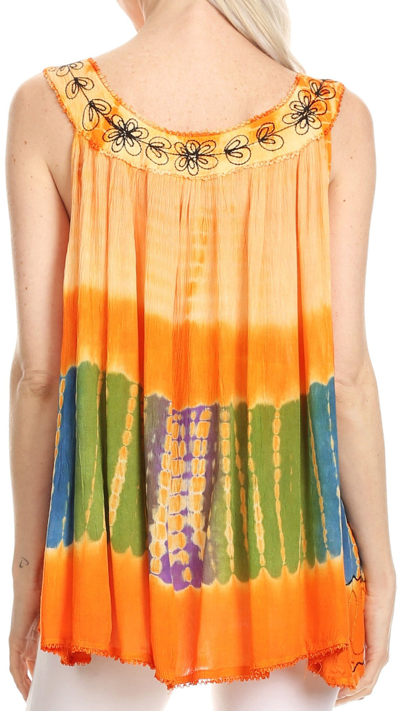 Sakkas Aunalee Embroidered Three Color Tie Dye Bohemian Semi-Opaque Blouse Shirt