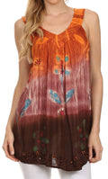 Sakkas Kyna Sequin Embroidered Relaxed Fit V-Neck Sleeveless Blouse#color_Orange/Brown