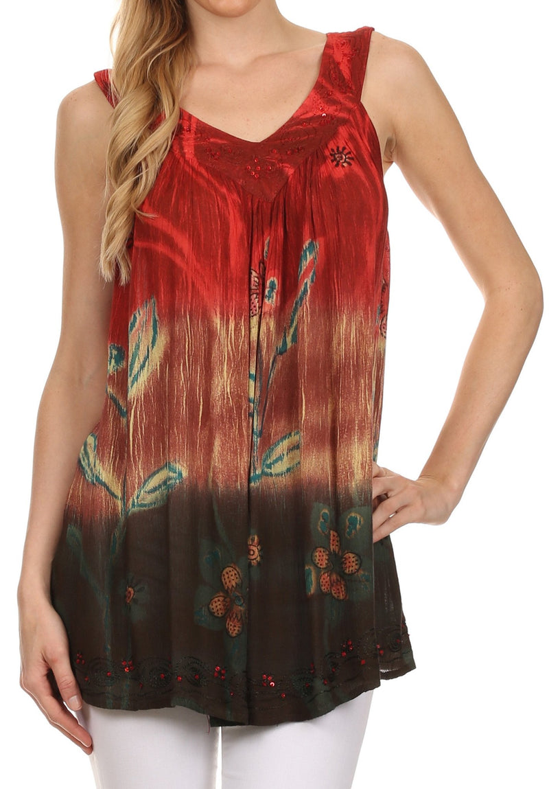 Sakkas Kyna Sequin Embroidered Relaxed Fit V-Neck Sleeveless Blouse