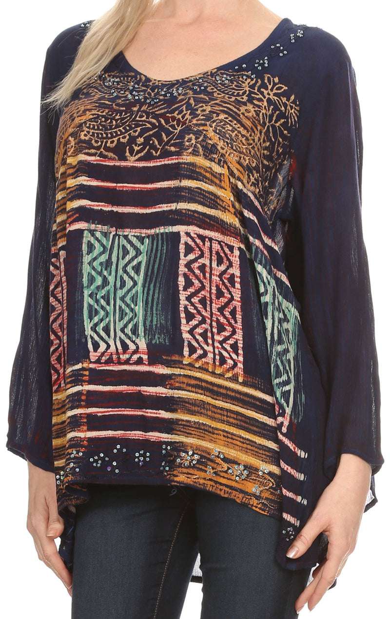 Sakkas Franchesca Sequine Embroidered Aztec Print Long Sleeve Blouse Shirt Top