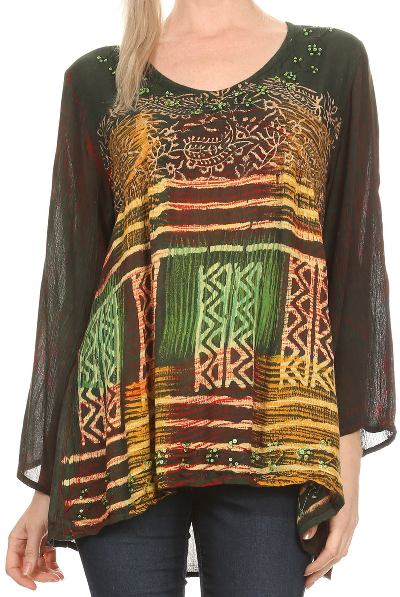 Sakkas Franchesca Sequine Embroidered Aztec Print Long Sleeve Blouse Shirt Top