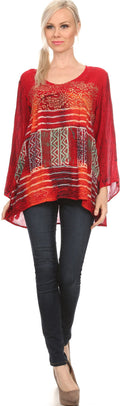 Sakkas Franchesca Sequine Embroidered Aztec Print Long Sleeve Blouse Shirt Top#color_Red
