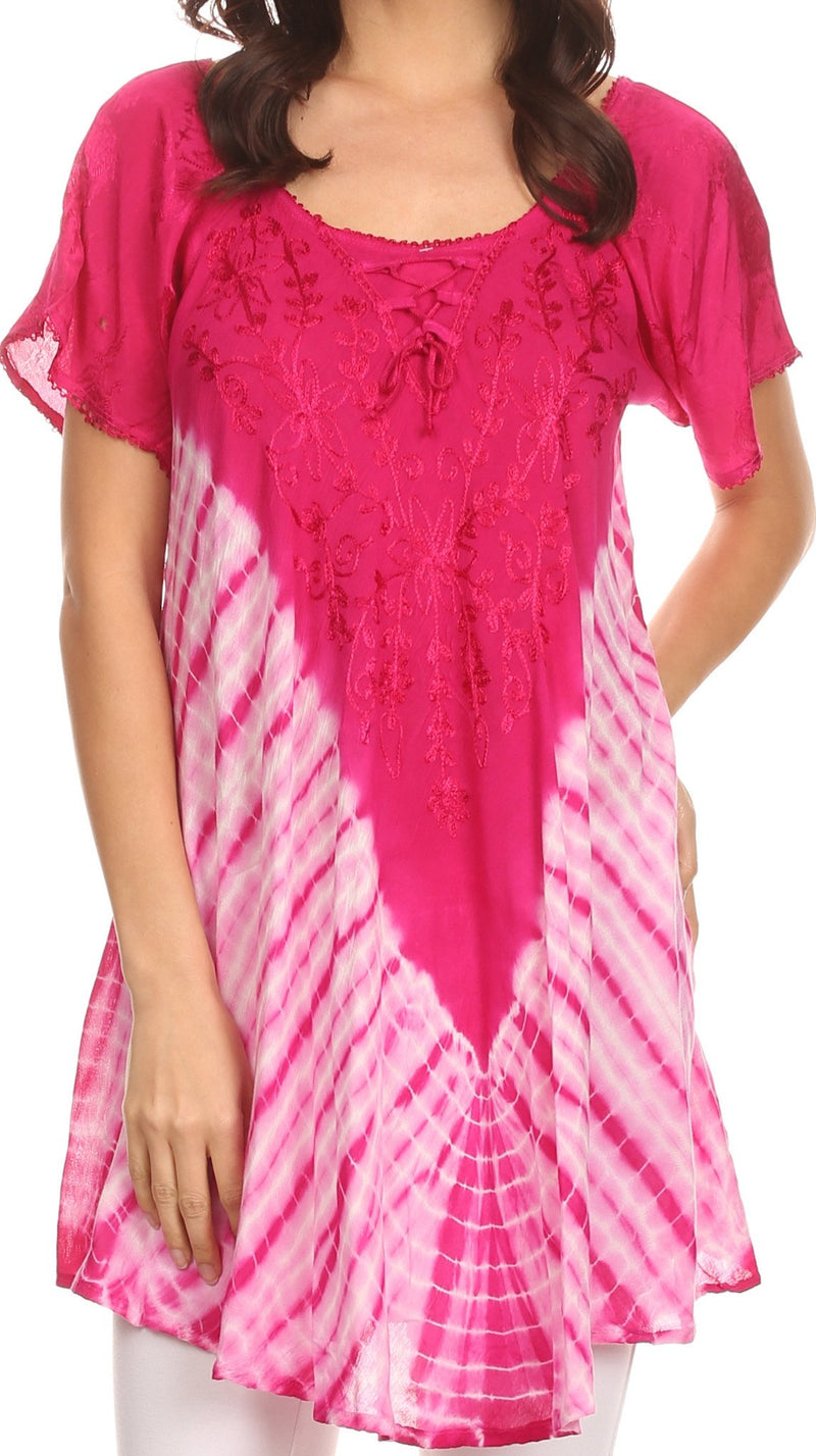 Sakkas Cara Wide Embroidered Top Blouse Shirt With Crochet Neck Draped Cap Sleeves