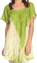 Sakkas Cara Wide Embroidered Top Blouse Shirt With Crochet Neck Draped Cap Sleeves#color_Green