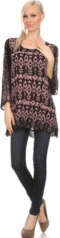 Sakkas Svetlana Scoop Neck Long Sleeve Aztec Print Crochet Hem Blouse Shirt Top#color_Pink