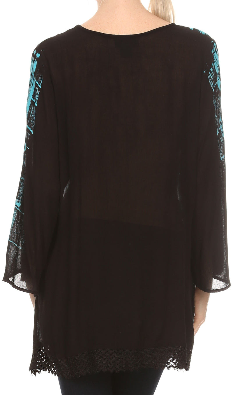 Sakkas Svetlana Scoop Neck Long Sleeve Aztec Print Crochet Hem Blouse Shirt Top