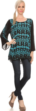 Sakkas Svetlana Scoop Neck Long Sleeve Aztec Print Crochet Hem Blouse Shirt Top#color_Turquoise