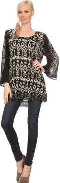 Sakkas Svetlana Scoop Neck Long Sleeve Aztec Print Crochet Hem Blouse Shirt Top#color_White