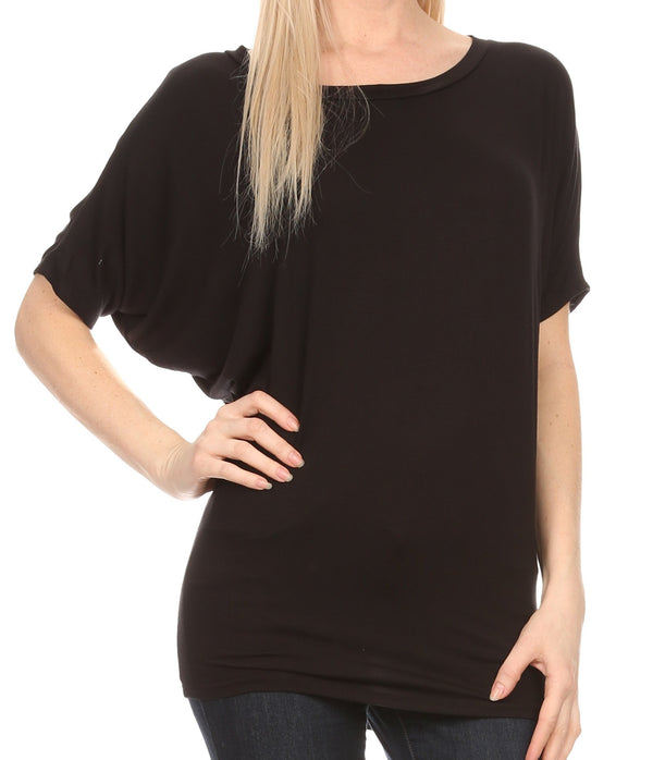 Sakkas Calloway Long Tall Thin Batwing Back Seam Blouse Shirt Tee Top With Drape#color_Black