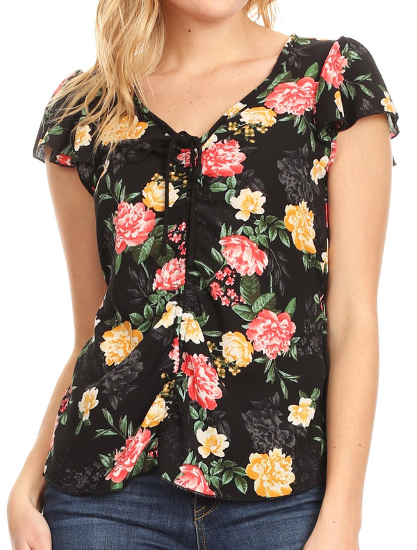 Sakkas Ain Womens Short Sleeve V neck Floral Print Blouse Top Shirt with Ties#color_Black