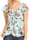 Sakkas Ain Womens Short Sleeve V neck Floral Print Blouse Top Shirt with Ties#color_Mint