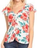 Sakkas Ain Womens Short Sleeve V neck Floral Print Blouse Top Shirt with Ties#color_White
