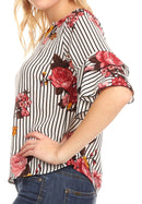 Sakkas Akila  Women 3/4 Sleeve Floral Print Round Neck Low back Blouse Top Casual