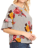 Sakkas Akila  Women 3/4 Sleeve Floral Print Round Neck Low back Blouse Top Casual