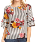Sakkas Akila  Women 3/4 Sleeve Floral Print Round Neck Low back Blouse Top Casual#color_White