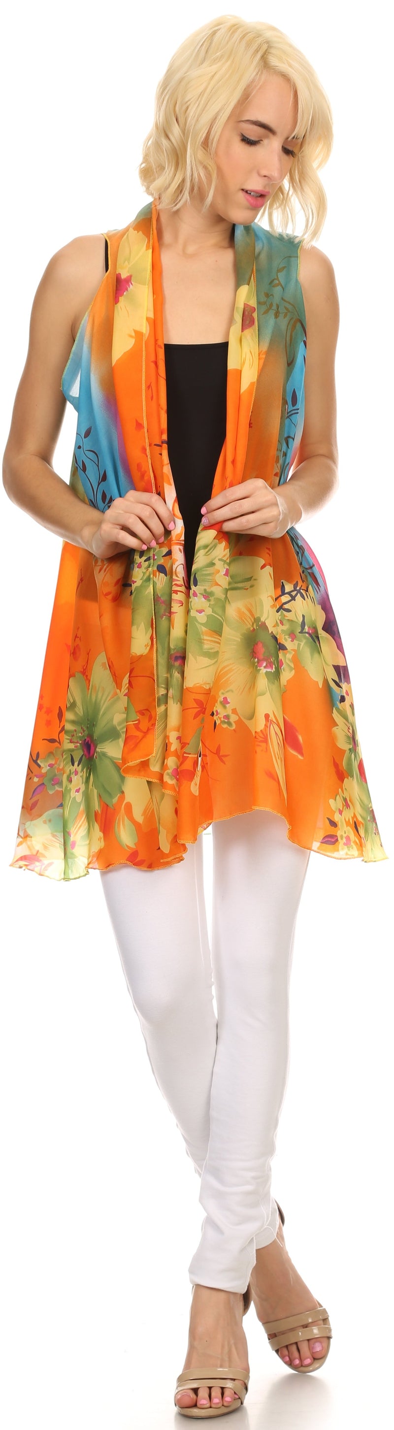 Sakkas Taommy Long Sleeveless Ombre Silky Draped Summer Floral Pattern Kimono