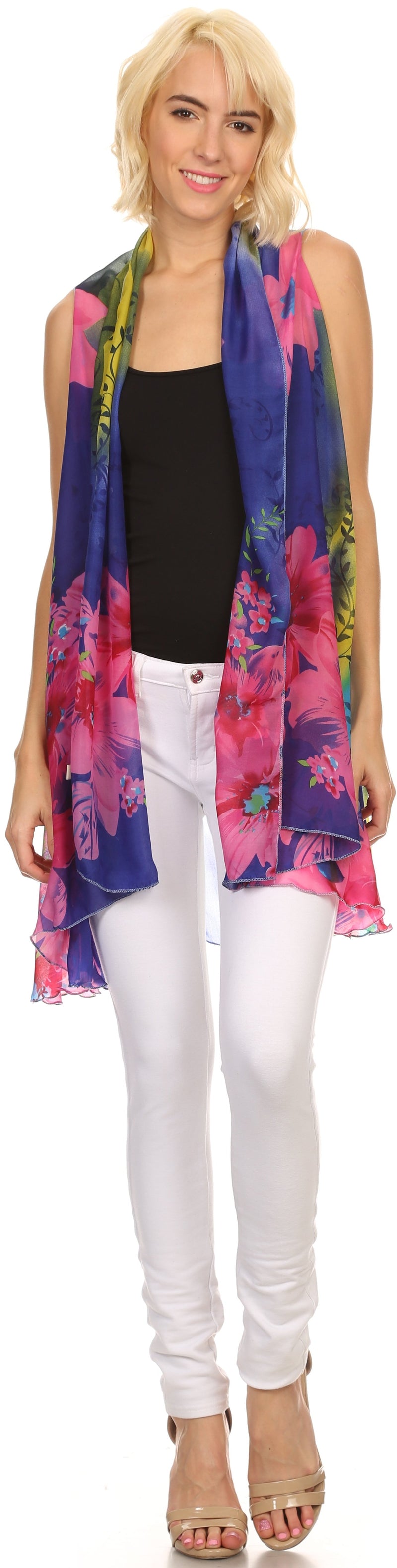 Sakkas Taommy Long Sleeveless Ombre Silky Draped Summer Floral Pattern Kimono