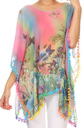 Sakkas Lilll Long Wide Ombre Pom Pom Embroidery Hem Floral Print Poncho Top Blouse#color_BF8649P-Pink