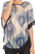 Sakkas Paney Long Wide Lace Embroidered Fringe Tassel Loose Poncho Top Blouse#color_KS1201-nvy