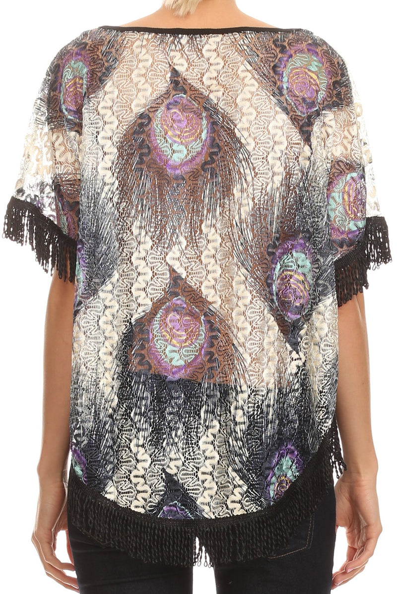 Sakkas Paney Long Wide Lace Embroidered Fringe Tassel Loose Poncho Top Blouse