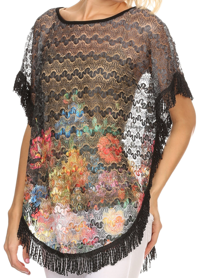 Sakkas Paney Long Wide Lace Embroidered Fringe Tassel Loose Poncho Top Blouse