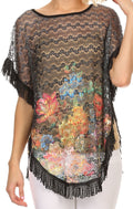 Sakkas Paney Long Wide Lace Embroidered Fringe Tassel Loose Poncho Top Blouse#color_KS1202-blk
