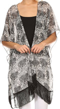 Sakkas Yew Long Wide Sheer Printed Fringe Bottom Short Draped Sleeve Kimono Top#color_BF8306P-swrl