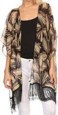 Sakkas Yew Long Wide Sheer Printed Fringe Bottom Short Draped Sleeve Kimono Top#color_BF8308P-brn