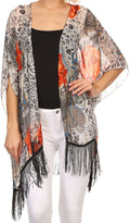Sakkas Yew Long Wide Sheer Printed Fringe Bottom Short Draped Sleeve Kimono Top#color_BF8507P-blk