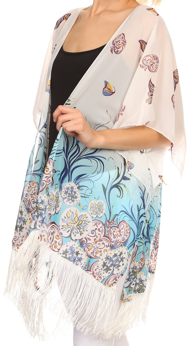 Sakkas Yew Long Wide Sheer Printed Fringe Bottom Short Draped Sleeve Kimono Top