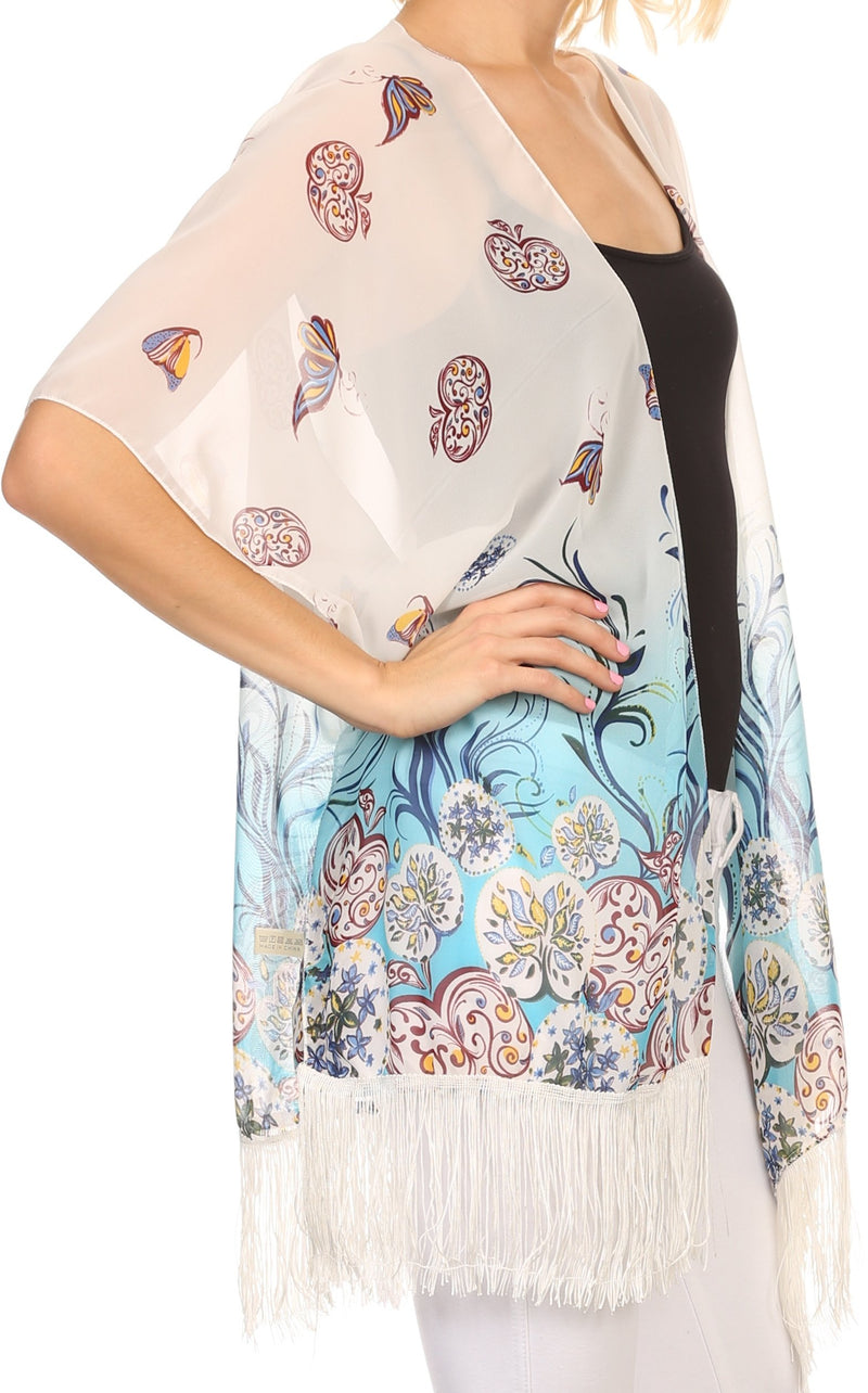 Sakkas Yew Long Wide Sheer Printed Fringe Bottom Short Draped Sleeve Kimono Top