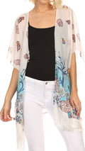 Sakkas Yew Long Wide Sheer Printed Fringe Bottom Short Draped Sleeve Kimono Top#color_BF8509P-blu