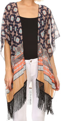 Sakkas Yew Long Wide Sheer Printed Fringe Bottom Short Draped Sleeve Kimono Top#color_BF8637P-smn